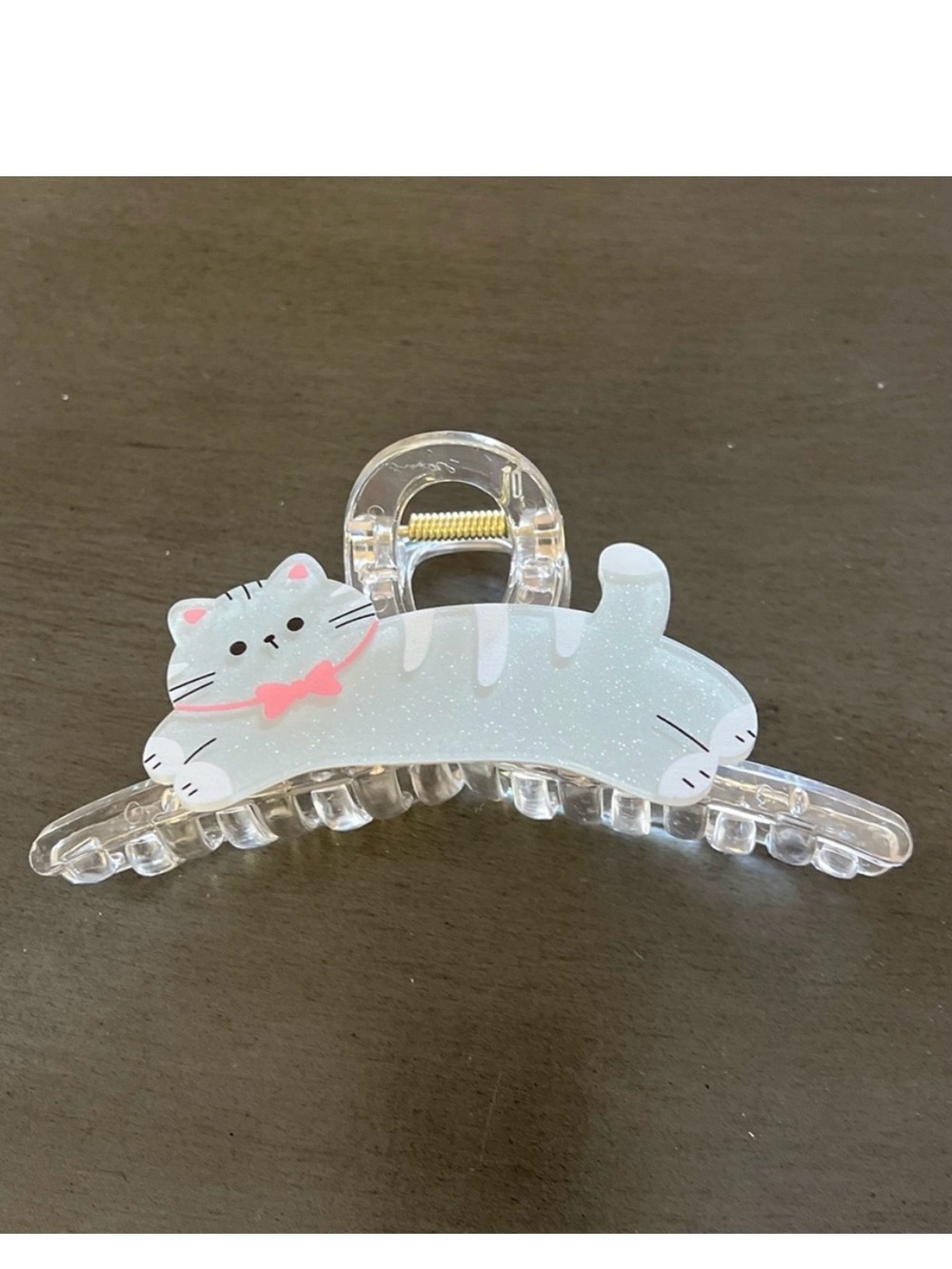 Silver Glitter Cat & Pink Bow Kitten Extra Large 5" Clear Lobster Claw Hair Clip